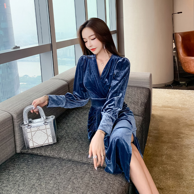 Autumn and winter gold velvet dress noble and elegant temperament women's decoration body slit lady style skirt high-end dress Autumn and winter gold velvet dress noble and elegant temperament women's decoration body slit lady style skirt high-end dress