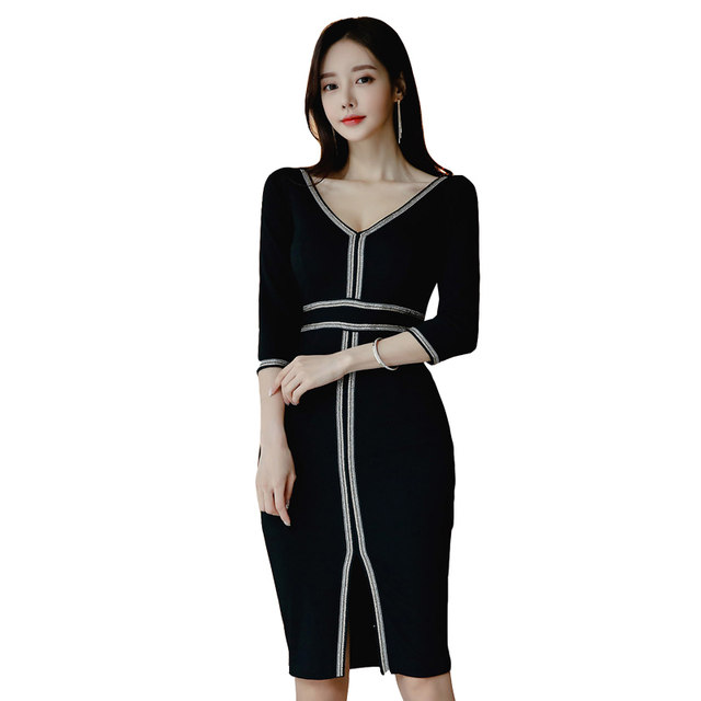 2022 autumn Korean version of the temperament V-neck slim slimming bag hip light familiar style dress OL professional women's overalls 2022 autumn Korean version of the temperament V-neck slim slimming bag hip light familiar style dress OL professional women's overalls