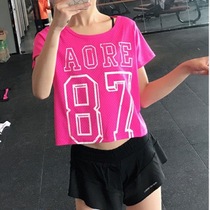 Fitness womens short-sleeved quick-dry blouse breathable mesh Rose Red Letter number loose Leisure running sports summer Women