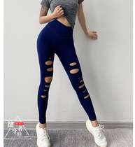 Fitness Net red goddess with personality hole high waist trousers ankle-length pants elastic tight running sports