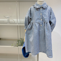 Korean childrens clothing 2021 spring and autumn girls baby checkered lapels waist twist temperament cotton literary long-sleeved dress