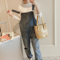 2020 new net red loose large size hole denim backpack pants women Summer nine wide leg pants straight suspenders