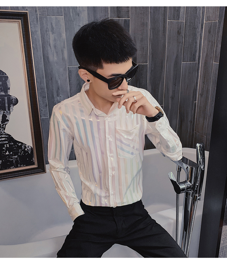 5秋长袖衬衫社会精神小伙亮色发型师个性潮男衬衣c301bcs32