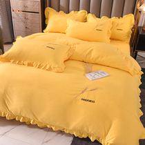 Korean new solid color bed skirt four-piece cotton cotton princess style sheet embroidery quilt cover quilt cover three-piece set 4