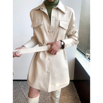 2021 autumn and winter New Korean version of loose waist lace PU leather shirt Women fashion Korean temperament white coat