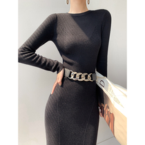 Dress Womens autumn and winter long semi-high collar loose knee cardigan temperament slim long skirt base knitted sweater