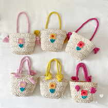 Korean ins childrens shoulder bag baby handwoven vegetable basket handbag fashion girl going out messenger bag
