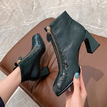 Small sub Martin boots female square head short boots thick heel 2021 new autumn winter high heel shoes front zipped slim boots