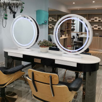 Barber shop mirror table hairdressing stainless steel four-sided mirror hair salon special marble countertop round with lamp vanity mirror table