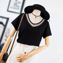 Fragrant size womens fat sister Summer 2020 new solid color v collar mesh short sleeve slim T-shirt heart top