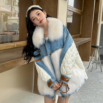 2022 new denim stitching fox fur coat womens winter hot style parka down jacket young style