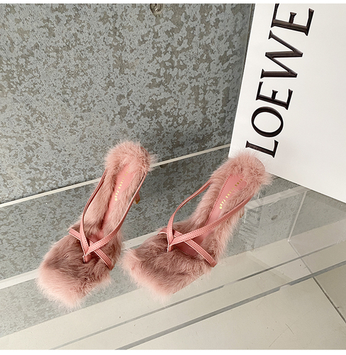 square head high-heeled sandals of the same type, simple temperament, thin band clip toe plush slippers S1