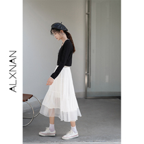 Deer South skirt A- line dress 2021 New High waist stitching Autumn Fairy fresh white Medium-length dress