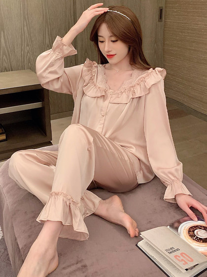 여름에 여성을위한 뽕나무 실크 실크 잠옷 2025 새로운 2 피스 정장 긴팔 팰리스 스타일 세련된 캐주얼 홈 의류 여름에 여성을위한 뽕나무 실크 실크 잠옷 2025 새로운 2 피스 정장 긴팔 팰리스 스타일 세련된 캐주얼 홈 의류