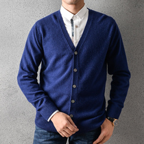 2020 autumn new cashmere sweater mens V-neck cardigan solid color long sleeve middle-aged sweater gentleman casual sweater