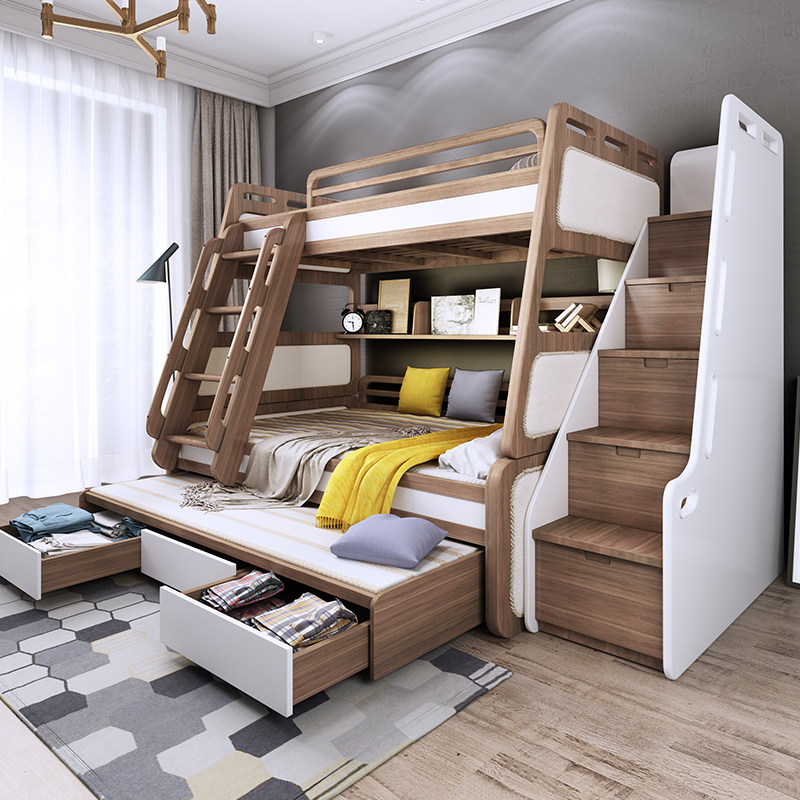 合诚 北欧白蜡木高低床实木带软包上下床成人母子床儿童三层床_5折