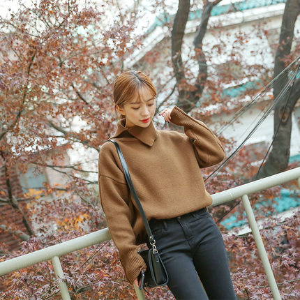 【owole 朴瑟seul】个性翻领宽松版套头毛衫