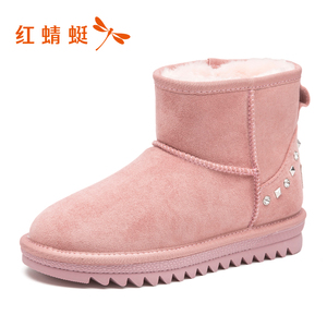 红蜻蜓雪地靴2018冬季新款时尚水钻休闲雪地靴女短筒保暖棉靴女靴