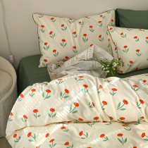Super soft naked sleeping washed cotton four-piece set cotton ins wind quilt cover cotton sheets small floral spring and summer bedding