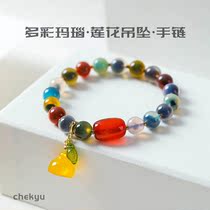 (step by step lotus) retro niche design bracelet sugar heart agate colorful girlfriends bracelet personality lotus pendant