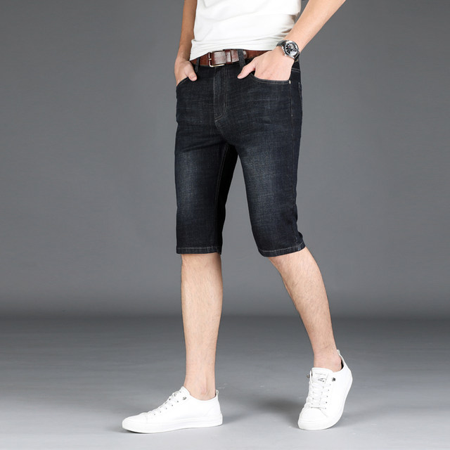 2023 New Denim Shorts Men's Summer Thin Black Quarter Pants Casual Elastic Straight Slim Tencel Pants Medium