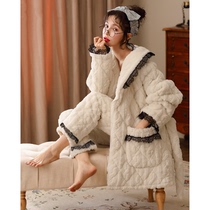 Coral Suede Pajamas Woman Winter Thickened Triple Clip Cotton Medium Long home Jacket Flannel Warm and Outer Wear Suits