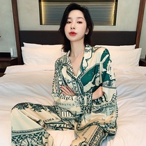 Pajamas senior sense of womens 2021 new spring and autumn thin section long-sleeved ice silk couple suit mens home clothes summer