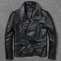 Korean version of mens leather leather clothing first layer cowhide youth slim-fit handsome motorcycle clothing leather jacket oblique zipper jacket trend
