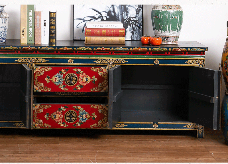 新中式彩绘电视柜 实木西藏式家具仿古做旧地柜客厅柜储物装饰柜