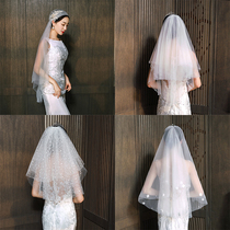 Bride wedding head yarn new styling head yarn retro short head yarn double layer bead head veil Qi waist fine