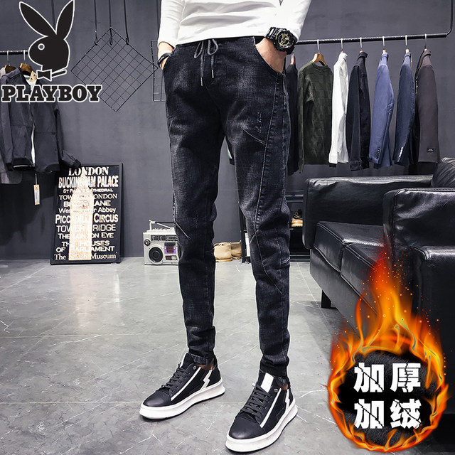 Playboy jeans men's fashion brand autumn / winter 2020 new Korean slim Plush casual legged pants Playboy jeans men's fashion brand autumn / winter 2020 new Korean slim Plush casual legged pants
