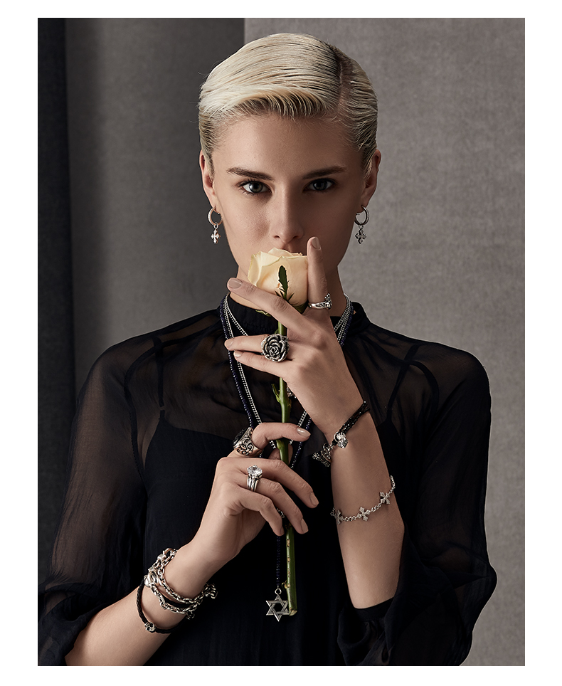 kingbaby经典皇冠心黑水晶三股女手链摇滚时尚潮流ins七夕礼物