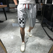 European station summer mens personality Tide brand handsome ins Net red silver bright casual shorts mens beach pants tide
