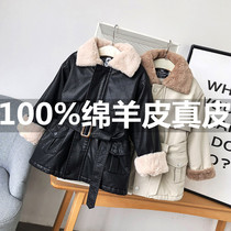 Live 2022 autumn winter dress Girls add velvet and thicker medium-long leather jacket children's leather coat