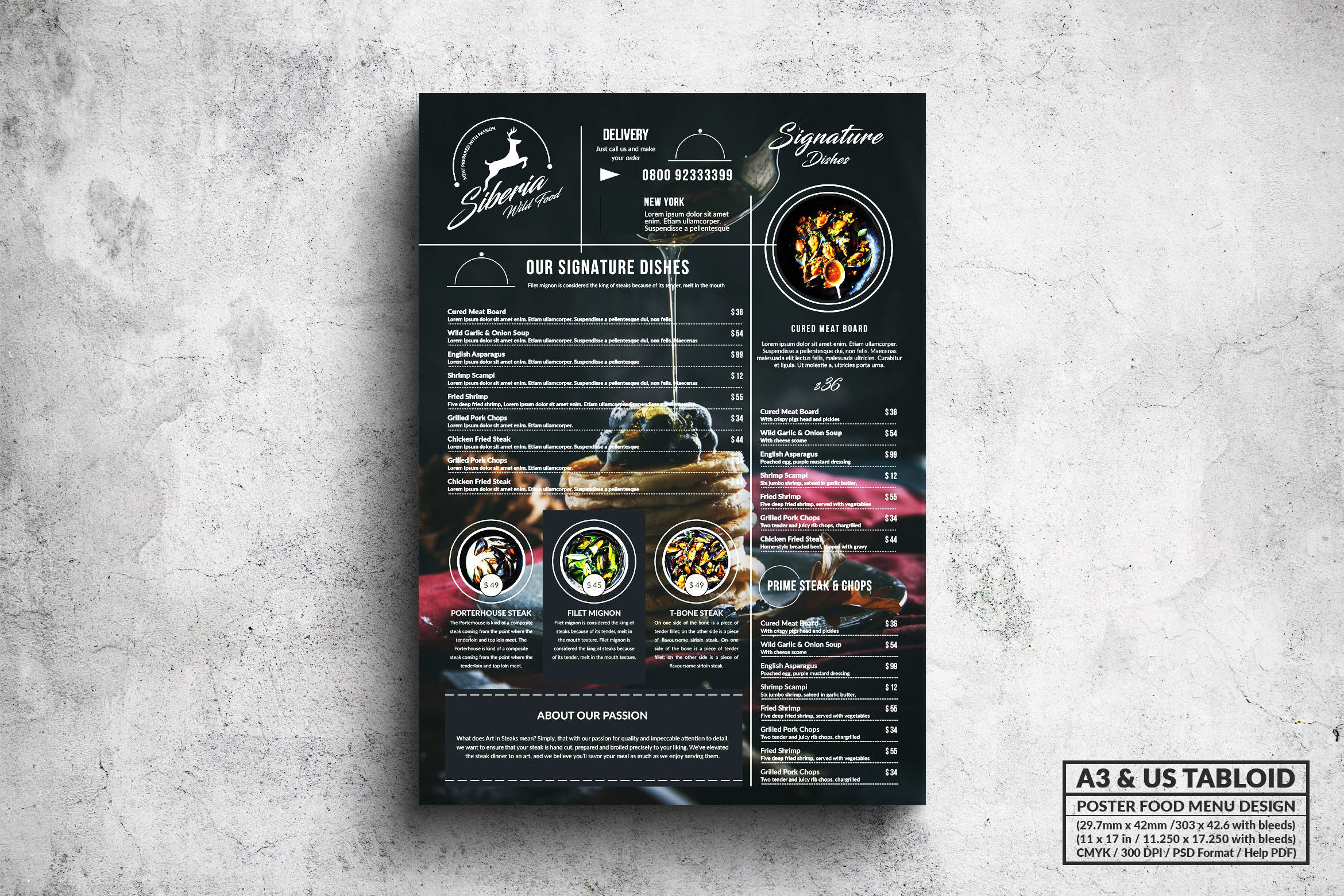 西式餐厅菜单海报设计模板 elegant food menu – a3 & us