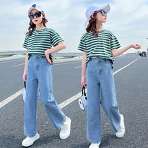 Girls summer suit thin section 2022 new middle and big childrens denim ripped hole wide-leg pants childrens casual two-piece tide
