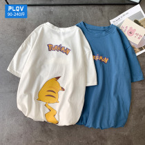 Pikachu printed short-sleeved T-shirt male ins harbor wind loose Joker shirt fat big size middle school students cotton half sleeve