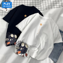 Short-sleeved T-shirt mens Japanese tide card plus fat clothes summer cotton middle school students loose harbor wind trend half sleeve