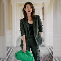 2019 Spring Summer Star Qi Wei Tongan Suit Summer Ink Green Suit Jacket Woman professional Little footed pants Two sets