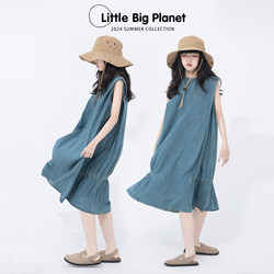 LittleBigPlanet Children's Clothing Picnic Blue Summer Resort Style Dress Girls' Thin Sleeveless Denim Skirt