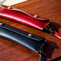 Pen bag Leather storage manual large capacity simple solid color pen cover stationery bag Cowhide vintage portable leather handbag