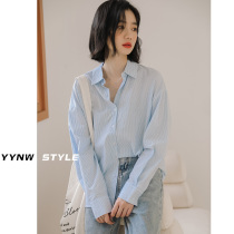 Early spring top womens 2021 new long-sleeved blue shirt womens design sense niche Korean version wild French shirt
