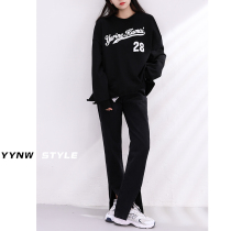 Black front split jeans womens high waist thin flared pants spring large size fat MM mopping wide leg split pants