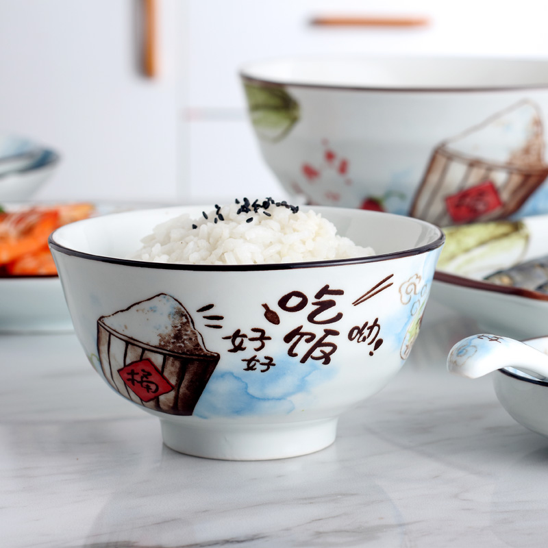 Dishes suit household jingdezhen ceramic creative Japanese eat rice bowl large soup bowl chopsticks spoons tableware portfolio