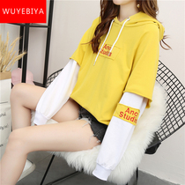 Hooded sweater girl spring and autumn 2021 new middle school student Korean loose all-match top clothes fake two coats