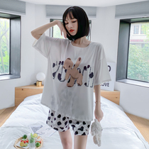 New summer pyjamas womens ice silk round collar short sleeves shorts Two sets of thin and cute cartoon home clothes can be worn out