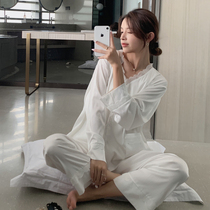 New Sleepwear Woman Spring Autumn Summer Long Sleeve Ice Silk Suit Casual Lace Lace Pure Color Genuine Silk Home Clothing