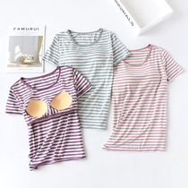 Ladies top pajamas with chest pad BRA summer thin modal short sleeve size sports no wear BRA cup