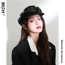 Niche retro beret thin shade face small cap Joker Japanese pu leather artist hat children autumn