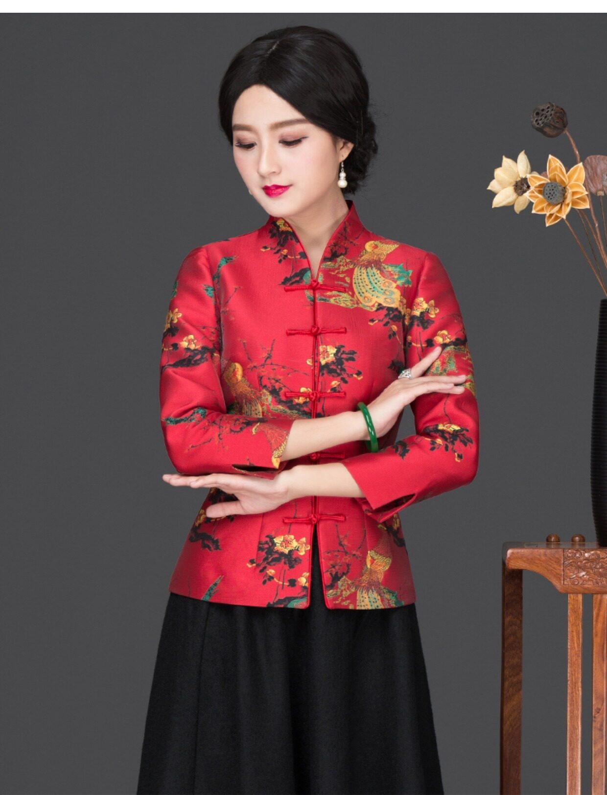 华族经典改良短款长袖唐装上衣2017秋冬新款时尚修身气质旗袍上衣_7折